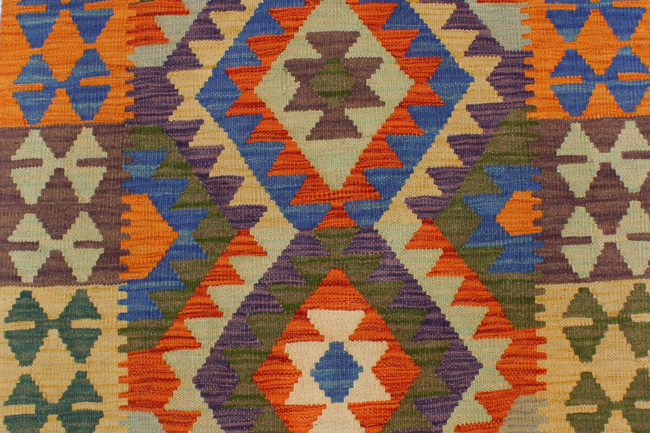 handmade Geometric Kilim Rust Blue Hand-Woven RECTANGLE 100% WOOL area rug 3' x 4'