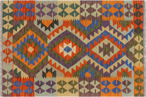 handmade Geometric Kilim Rust Blue Hand-Woven RECTANGLE 100% WOOL area rug 3' x 4'
