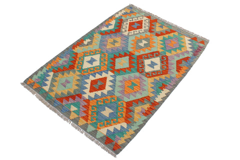 handmade Geometric Kilim Blue Gray Hand-Woven RECTANGLE 100% WOOL area rug 3 x 4