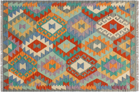 handmade Geometric Kilim Blue Gray Hand-Woven RECTANGLE 100% WOOL area rug 3 x 4