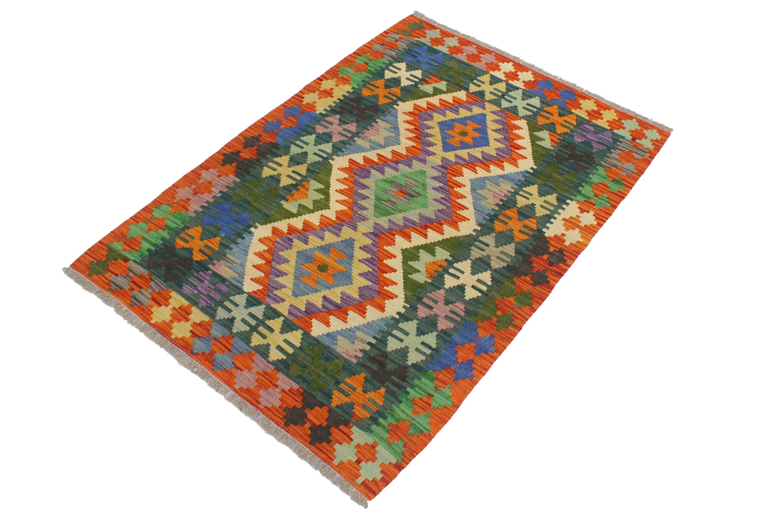 handmade Geometric Kilim Blue Rust Hand-Woven RECTANGLE 100% WOOL area rug 3' x 4'