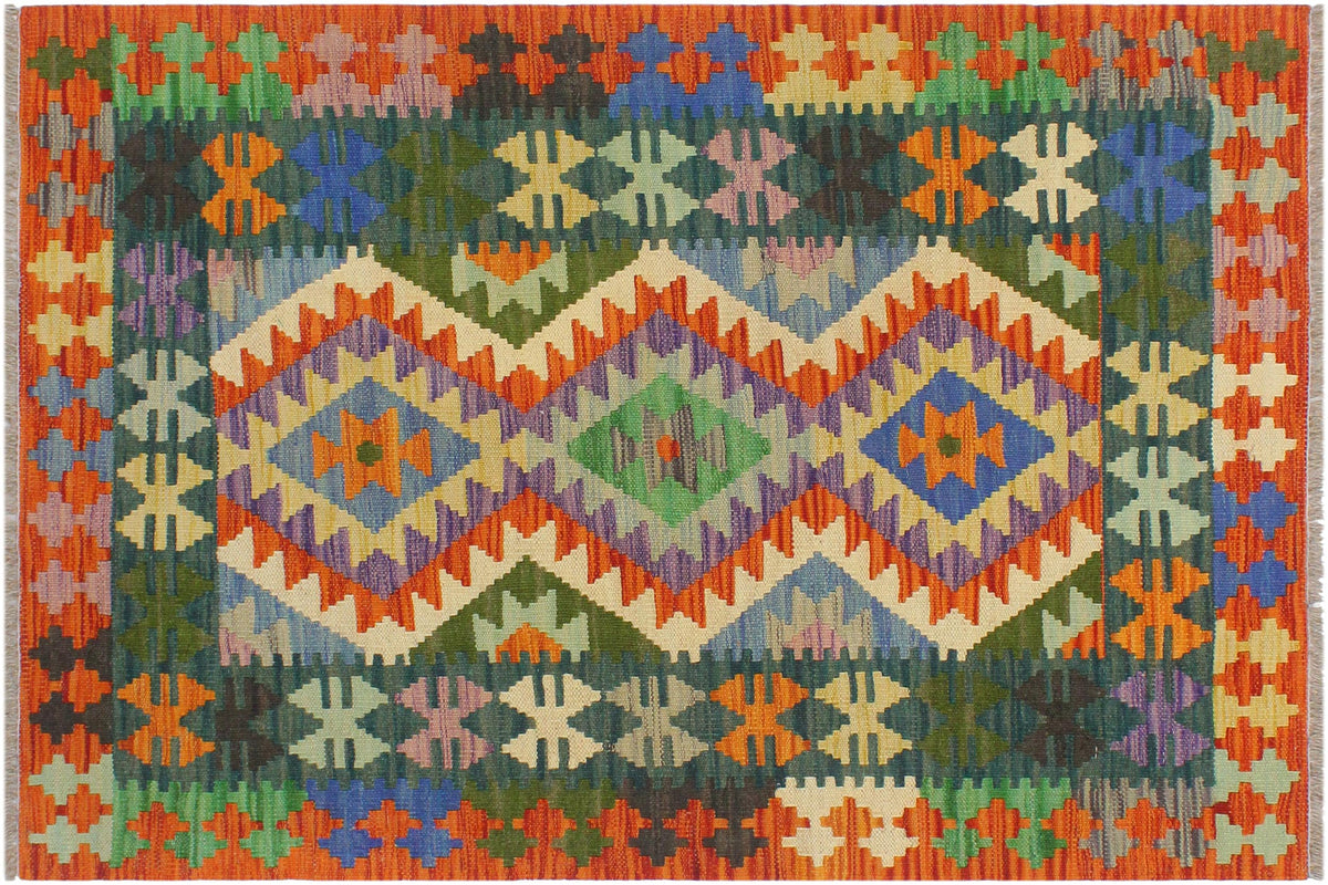 handmade Geometric Kilim Blue Rust Hand-Woven RECTANGLE 100% WOOL area rug 3' x 4'