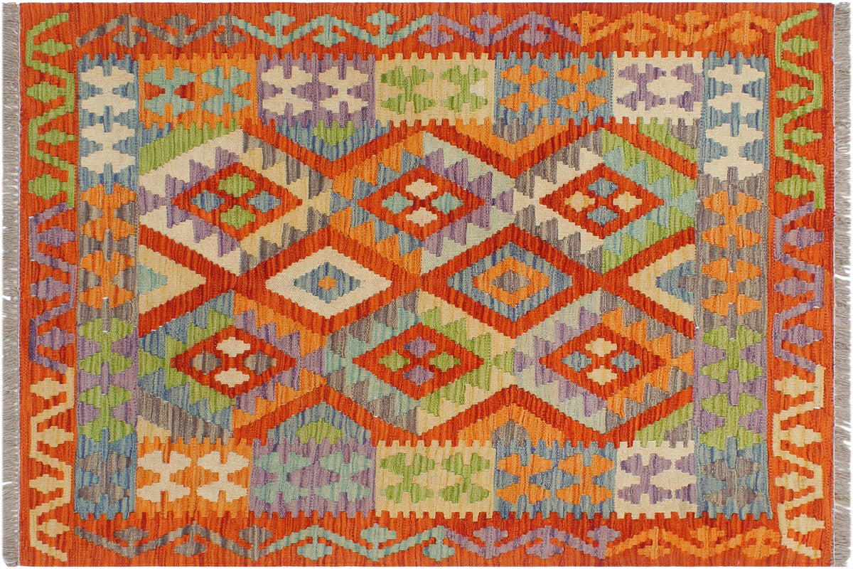 handmade Geometric Kilim Rust Blue Hand-Woven RECTANGLE 100% WOOL area rug 3 x 4