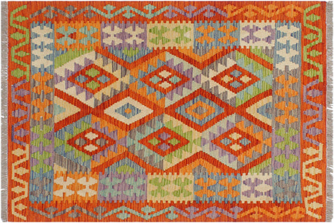 handmade Geometric Kilim Rust Blue Hand-Woven RECTANGLE 100% WOOL area rug 3 x 4