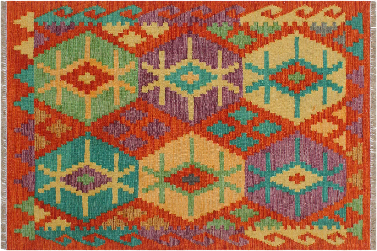 handmade Geometric Kilim Rust Gold Hand-Woven RECTANGLE 100% WOOL area rug 3 x 4