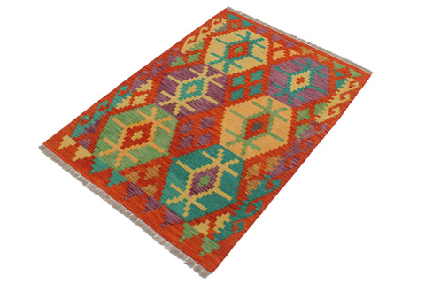 handmade Geometric Kilim Rust Gold Hand-Woven RECTANGLE 100% WOOL area rug 3 x 4