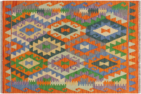 handmade Geometric Kilim Rust Blue Hand-Woven RECTANGLE 100% WOOL area rug 3 x 3