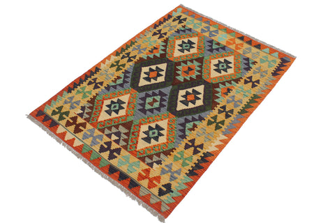 handmade Geometric Kilim Rust Gold Hand-Woven RECTANGLE 100% WOOL area rug 3 x 5