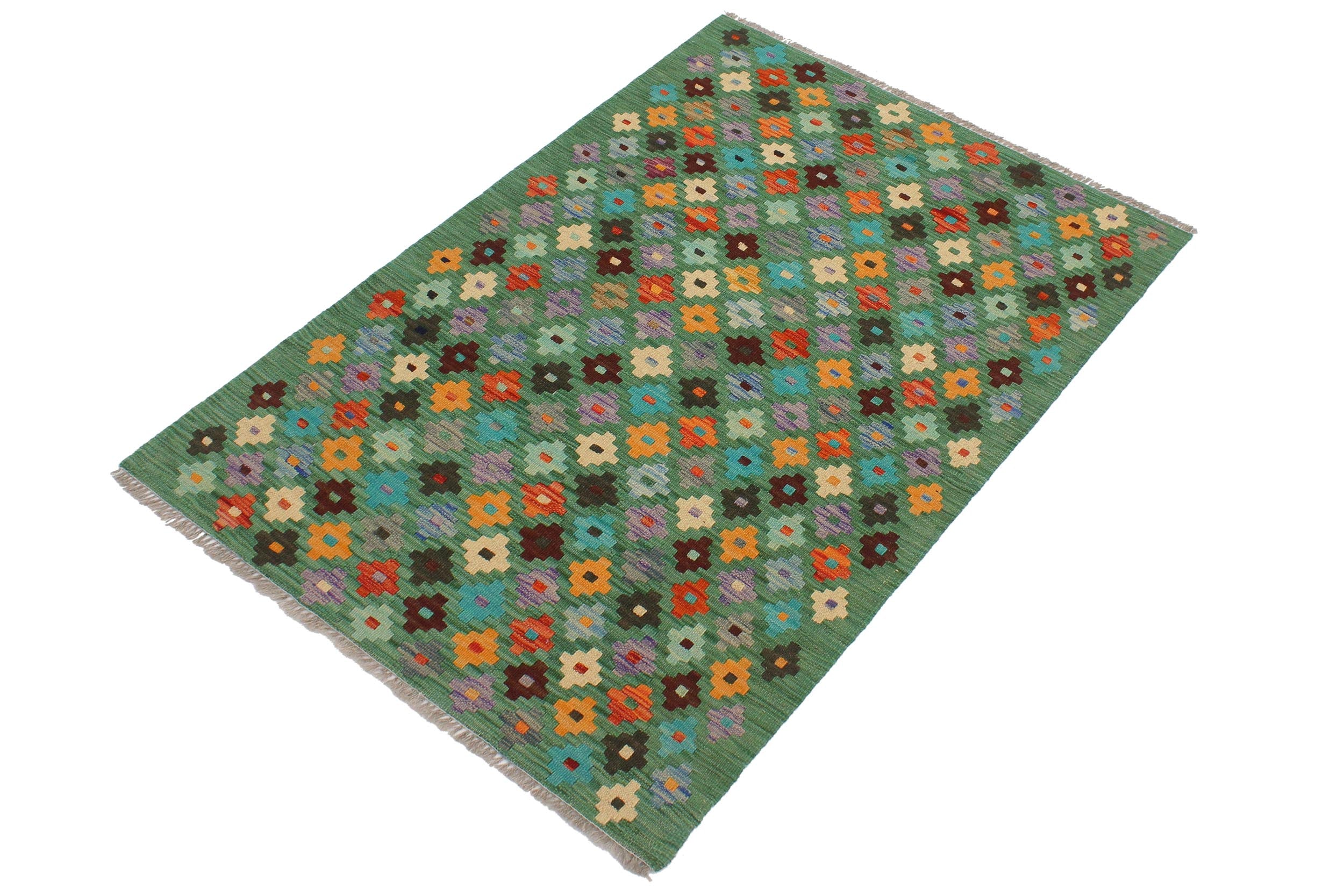 handmade Modern Kilim Green Blue Hand-Woven RECTANGLE 100% WOOL area rug 3x4