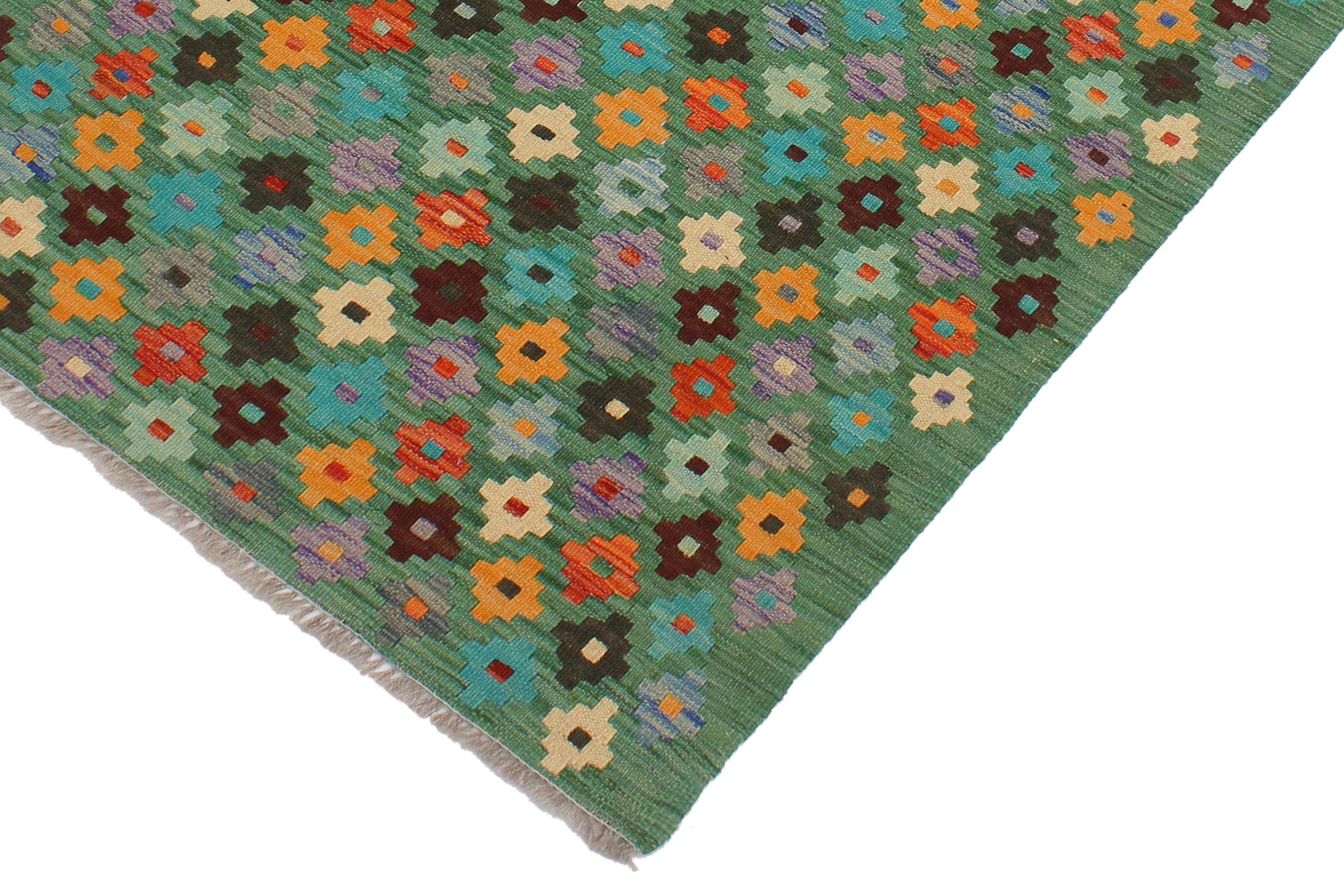 handmade Modern Kilim Green Blue Hand-Woven RECTANGLE 100% WOOL area rug 3x4