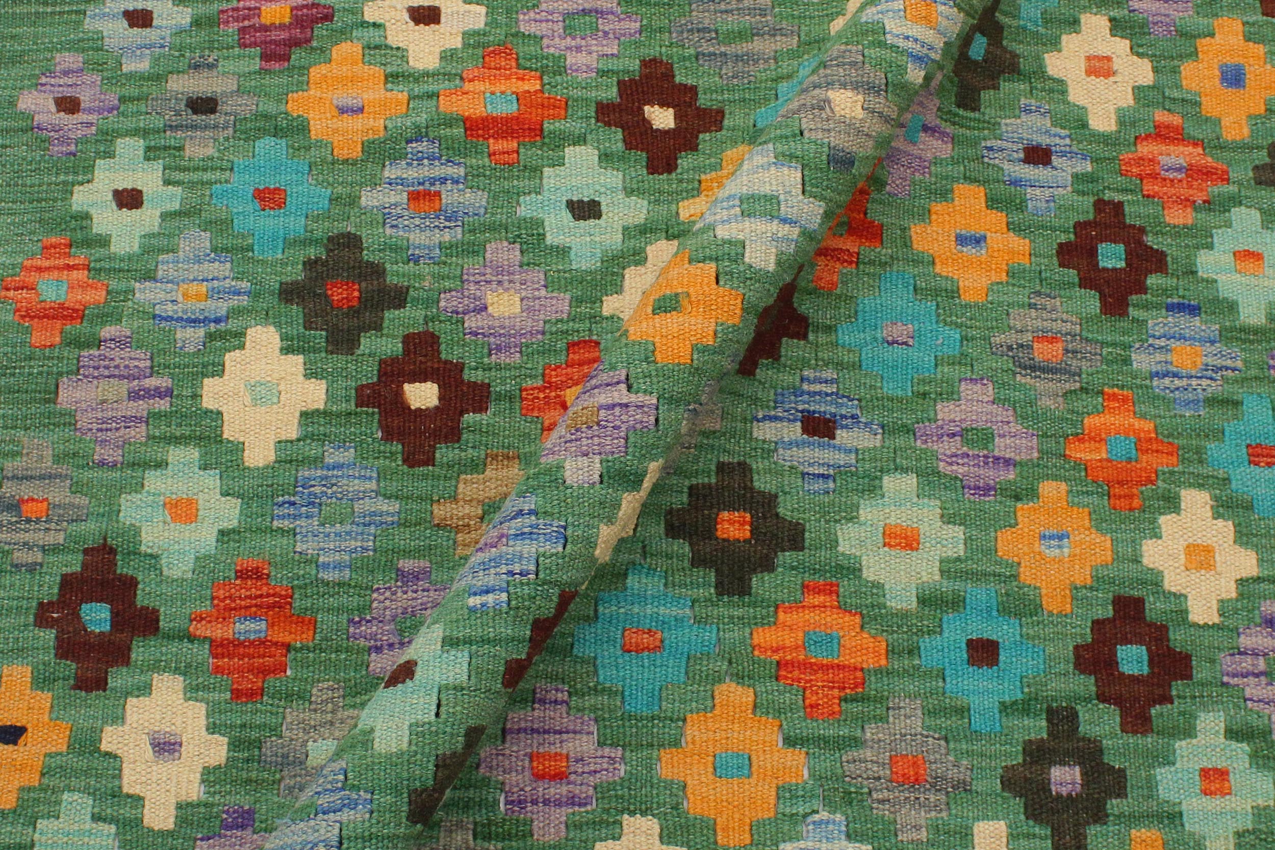 handmade Modern Kilim Green Blue Hand-Woven RECTANGLE 100% WOOL area rug 3x4