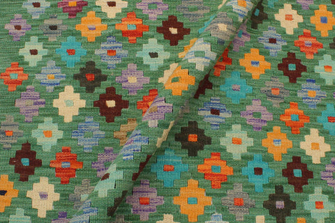 handmade Modern Kilim Green Blue Hand-Woven RECTANGLE 100% WOOL area rug 3x4