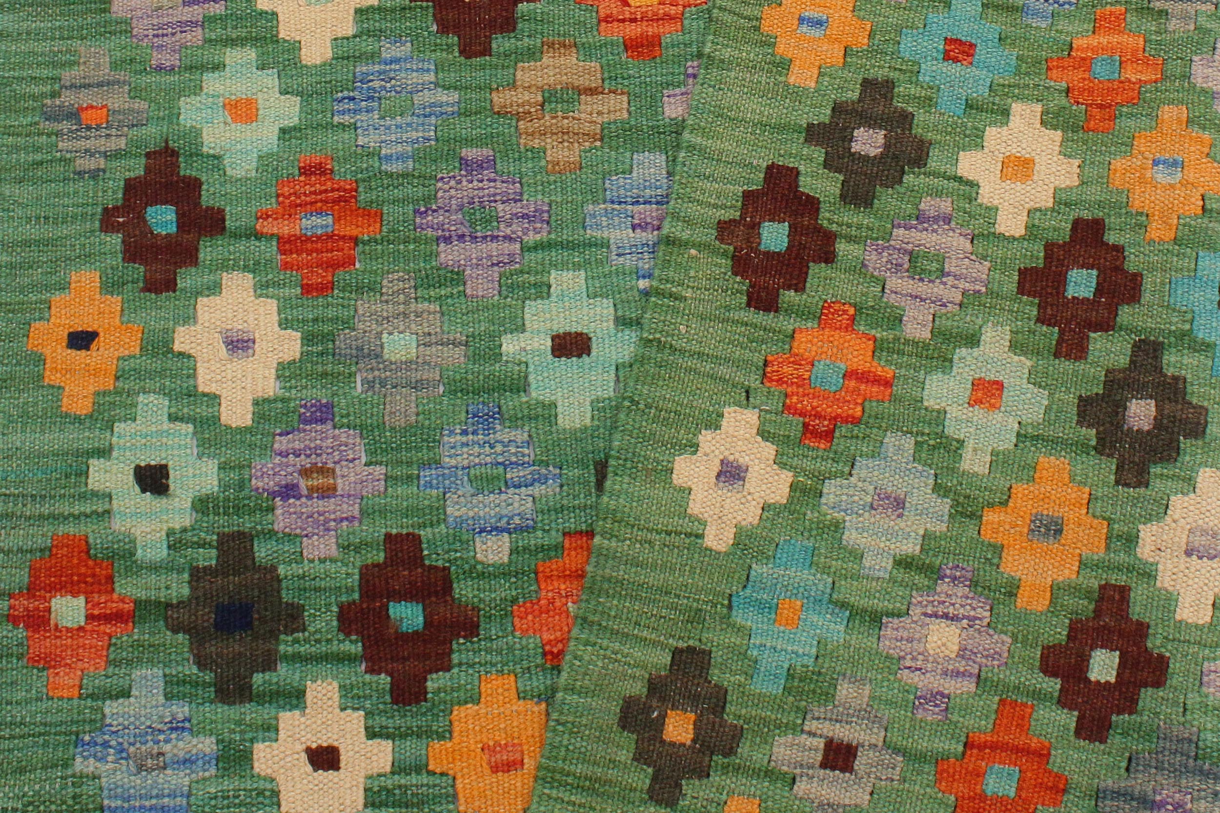 handmade Modern Kilim Green Blue Hand-Woven RECTANGLE 100% WOOL area rug 3x4