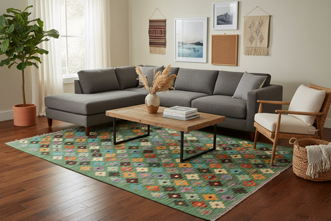 handmade Modern Kilim Green Blue Hand-Woven RECTANGLE 100% WOOL area rug 3x4