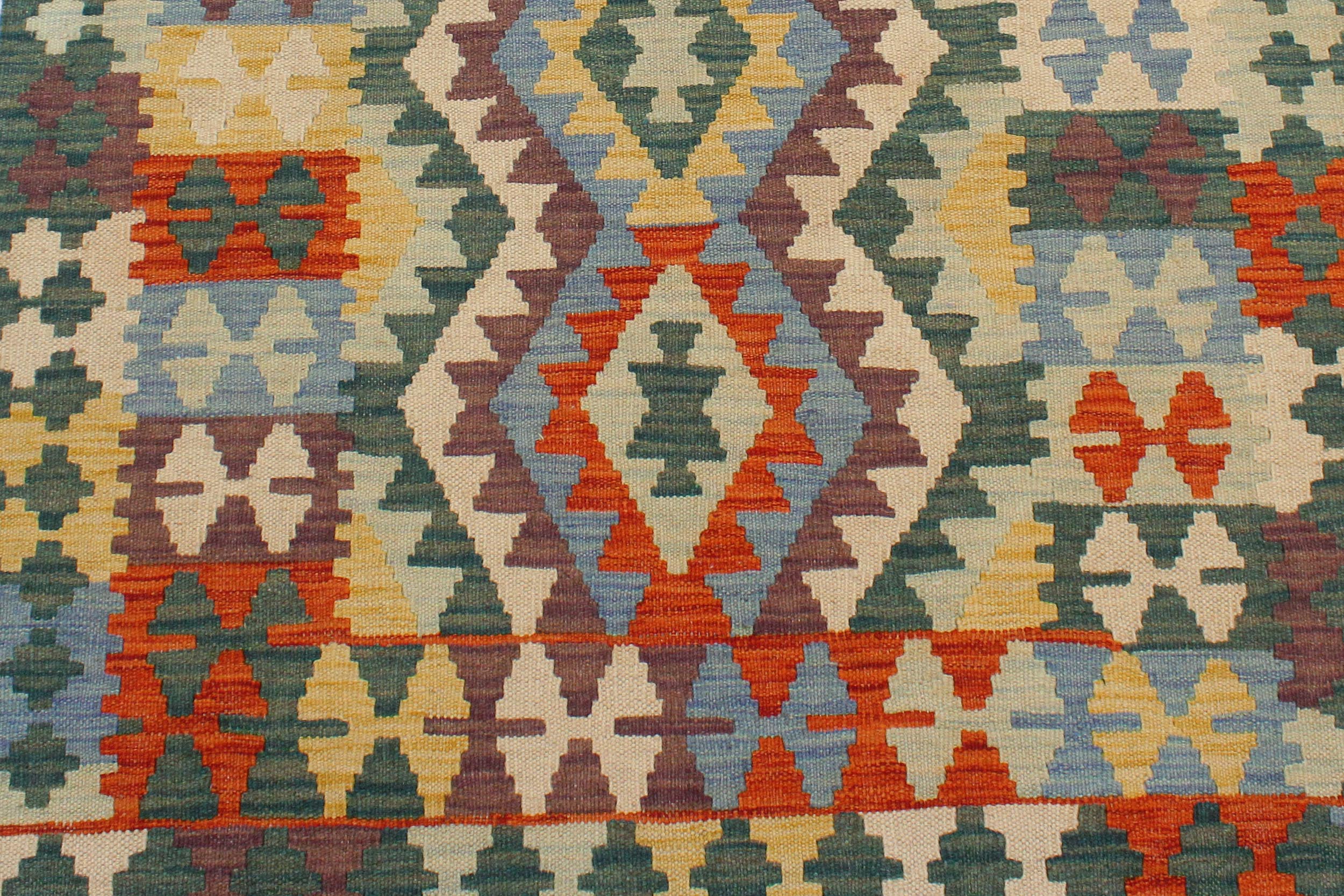 handmade Geometric Kilim Blue Green Hand-Woven RECTANGLE 100% WOOL area rug 3' x 4'