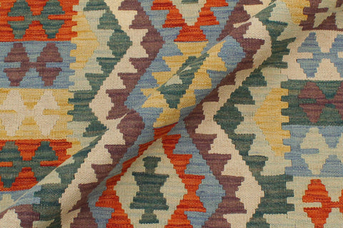 handmade Geometric Kilim Blue Green Hand-Woven RECTANGLE 100% WOOL area rug 3' x 4'