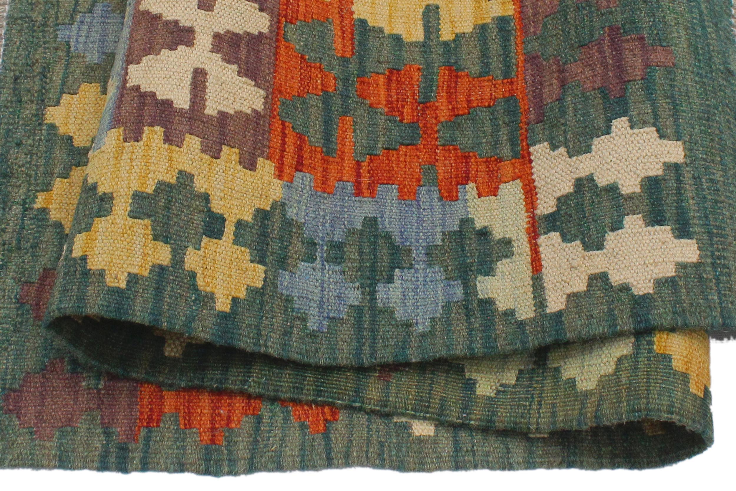 handmade Geometric Kilim Blue Green Hand-Woven RECTANGLE 100% WOOL area rug 3' x 4'