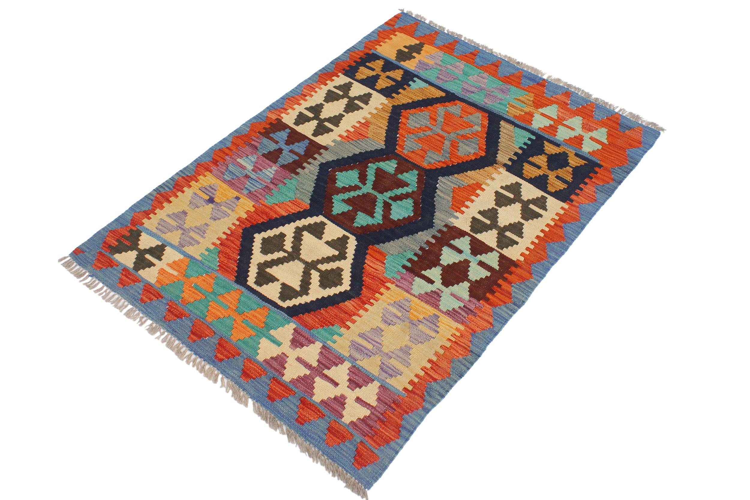 handmade Geometric Kilim Blue Rust Hand-Woven RECTANGLE 100% WOOL area rug 3' x 4'