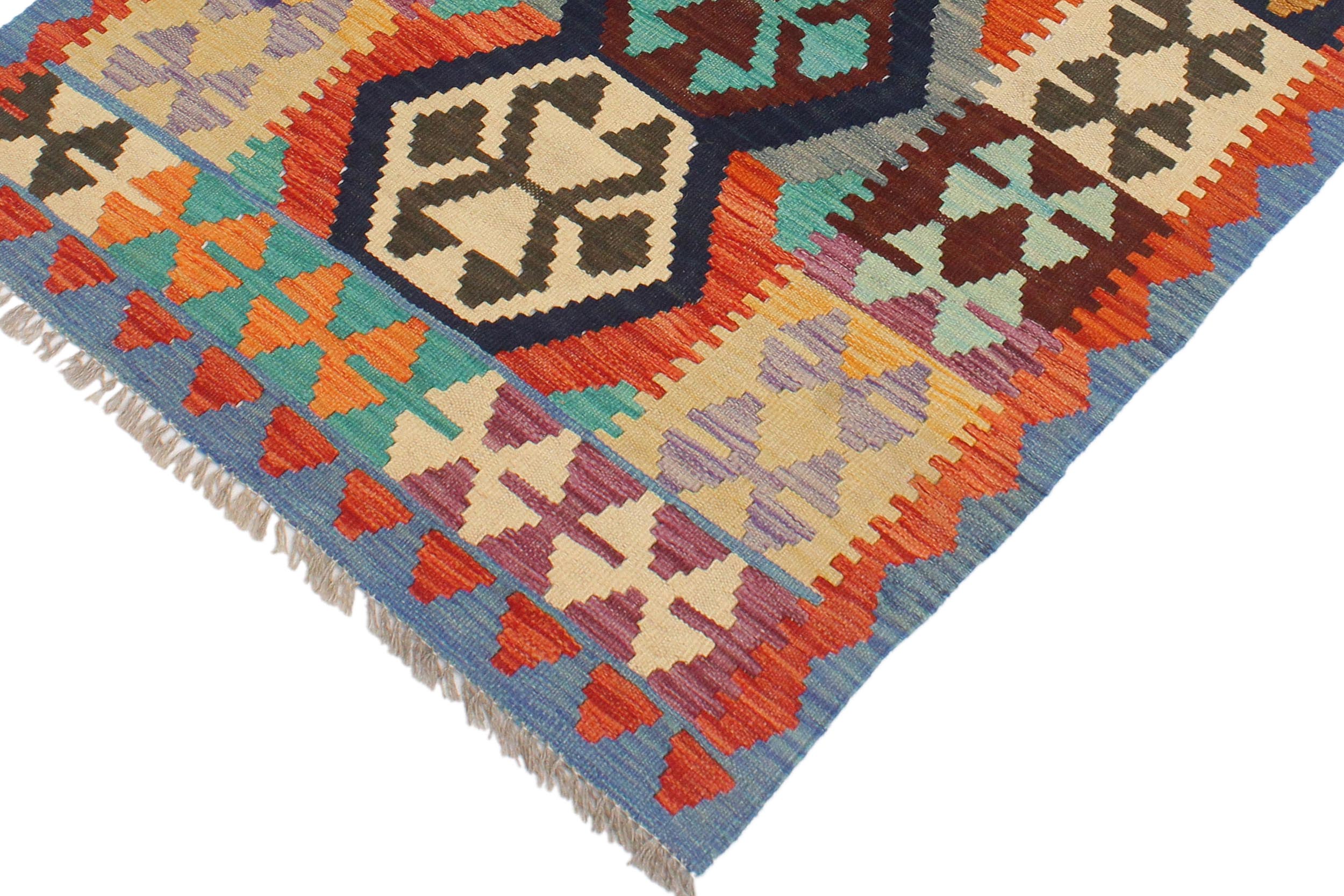 handmade Geometric Kilim Blue Rust Hand-Woven RECTANGLE 100% WOOL area rug 3' x 4'