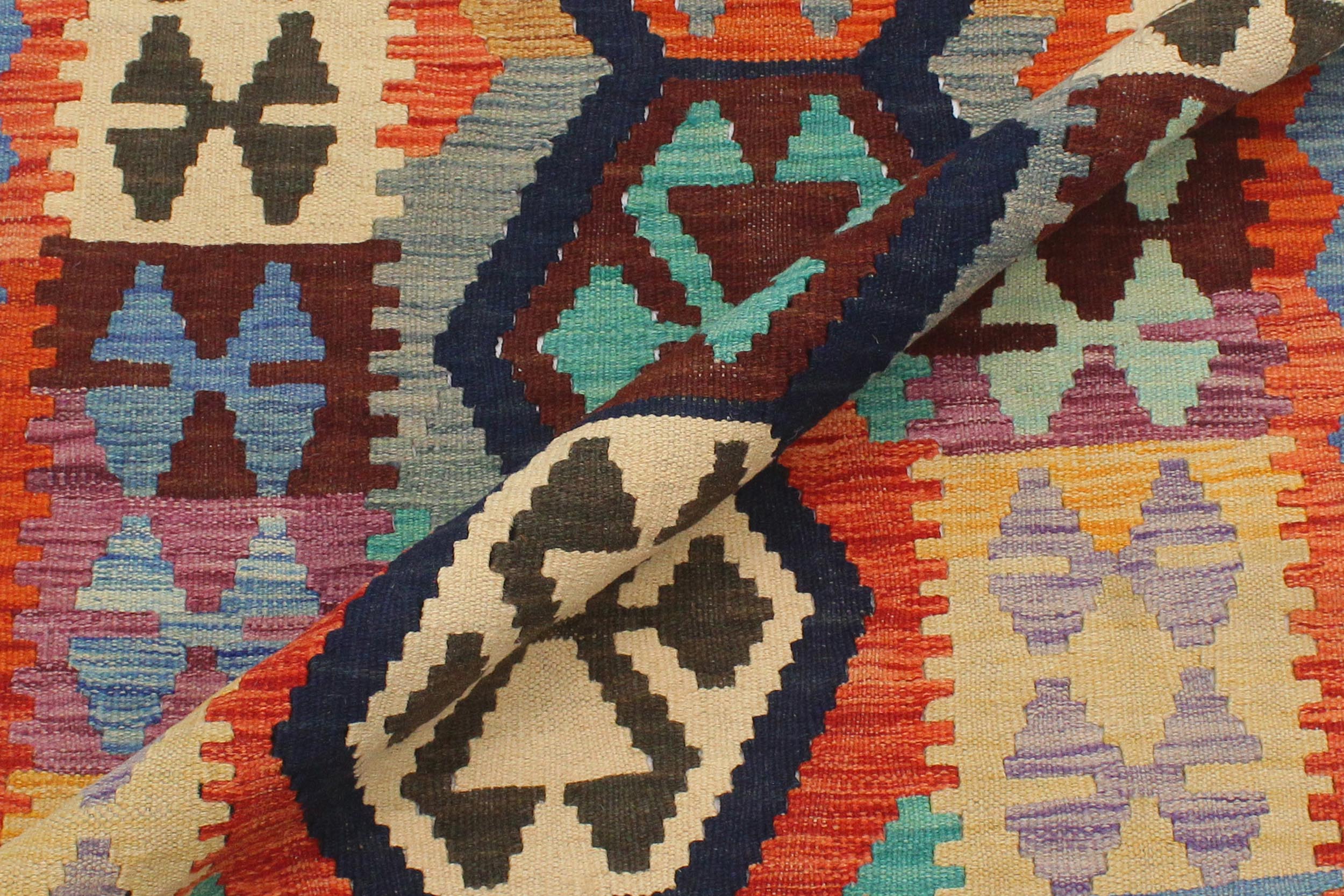 handmade Geometric Kilim Blue Rust Hand-Woven RECTANGLE 100% WOOL area rug 3' x 4'