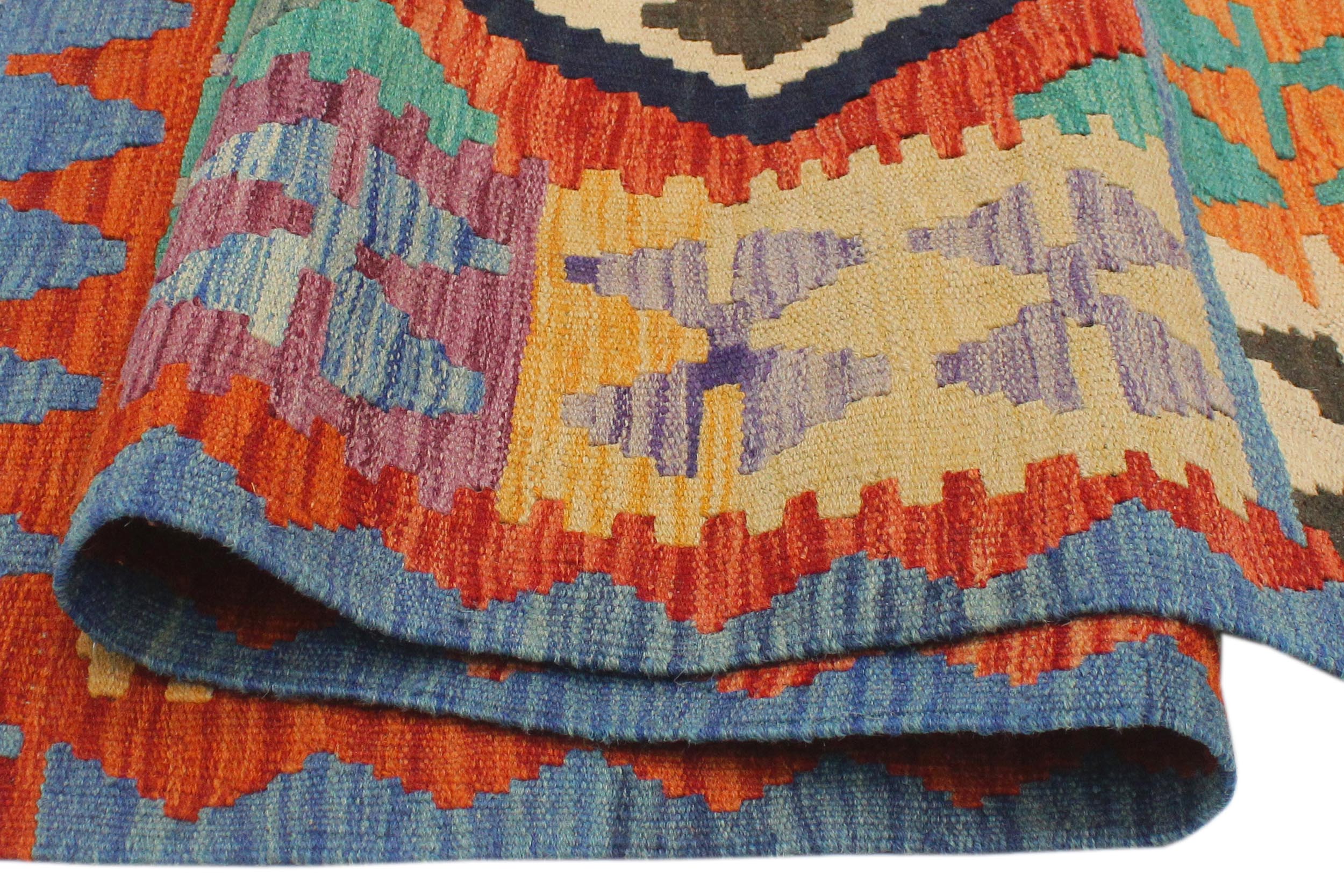 handmade Geometric Kilim Blue Rust Hand-Woven RECTANGLE 100% WOOL area rug 3' x 4'