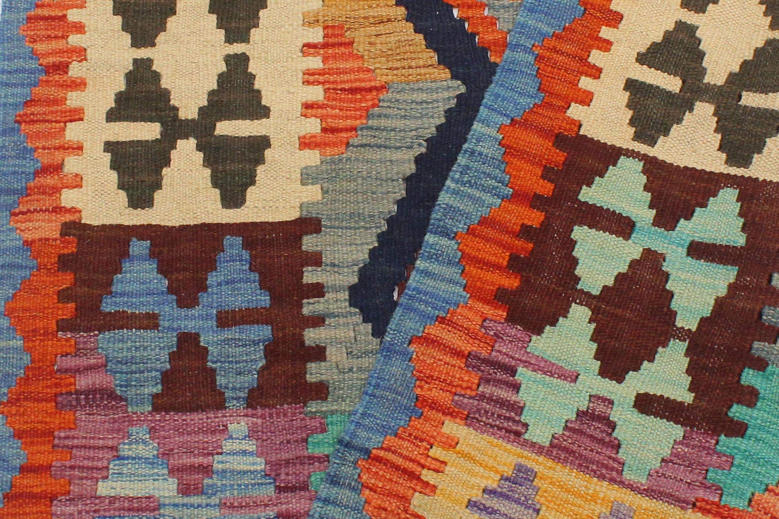 handmade Geometric Kilim Blue Rust Hand-Woven RECTANGLE 100% WOOL area rug 3' x 4'