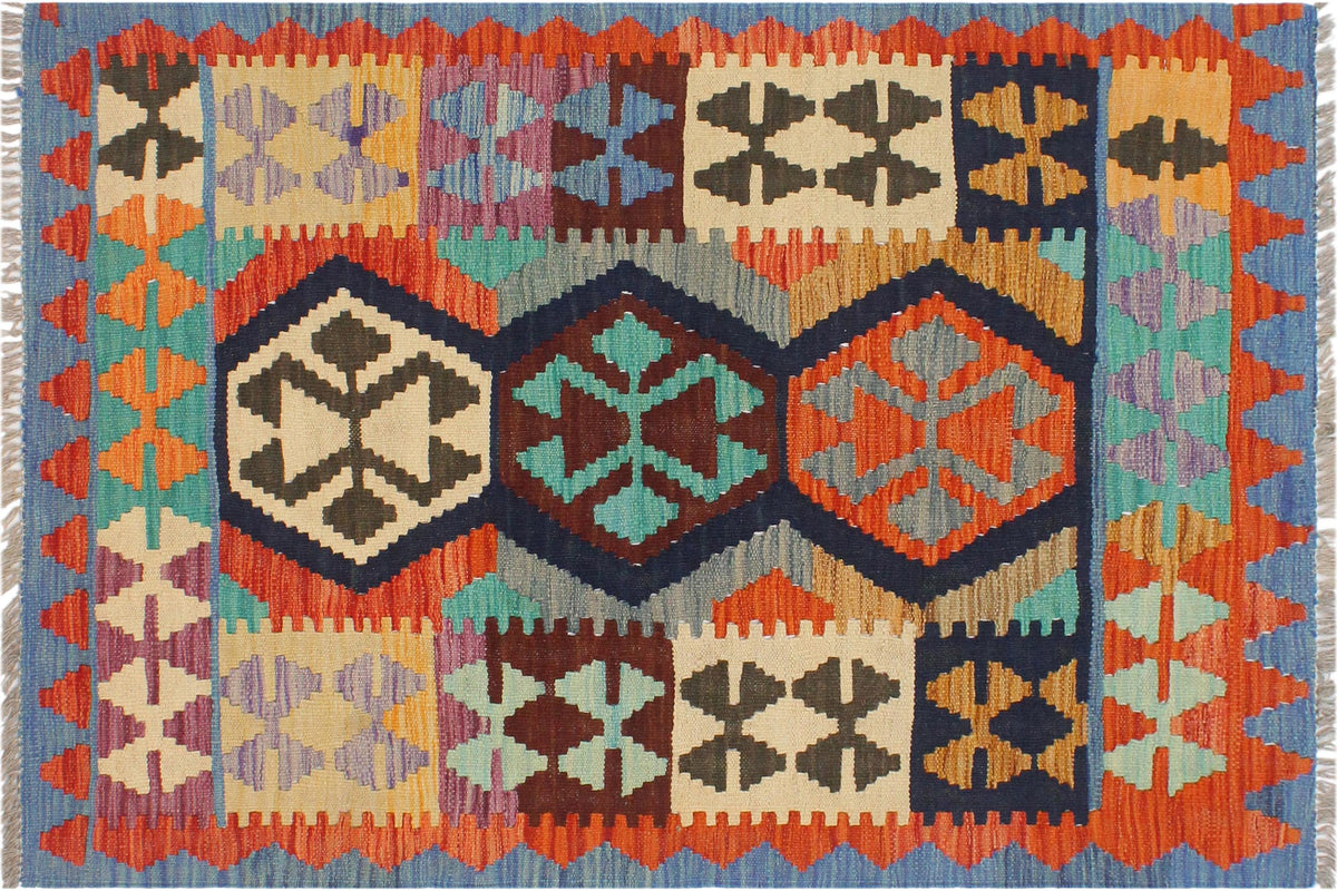 handmade Geometric Kilim Blue Rust Hand-Woven RECTANGLE 100% WOOL area rug 3' x 4'