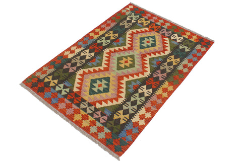 handmade Geometric Kilim Rust Charcoal Hand-Woven RECTANGLE 100% WOOL area rug 3' x 4'