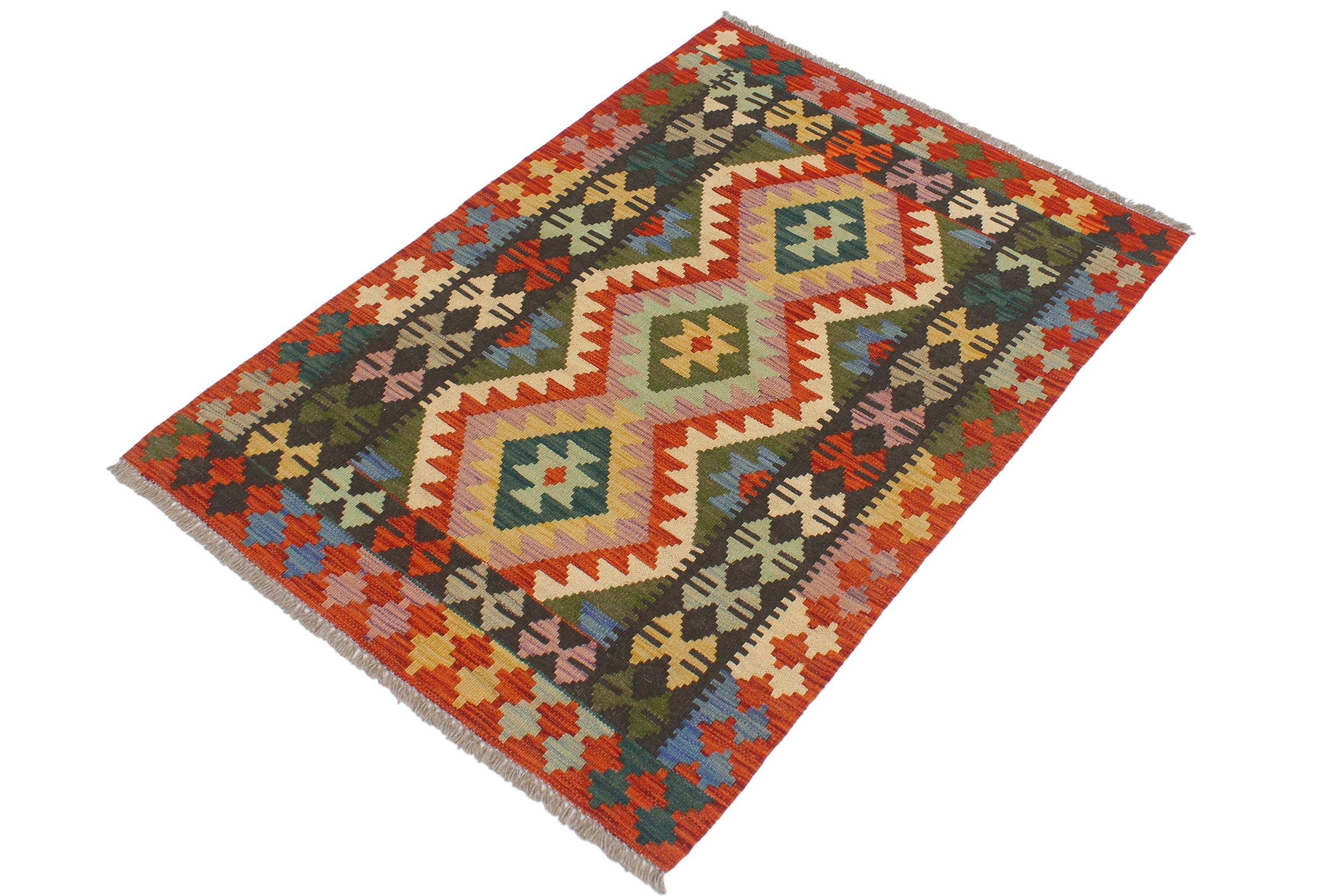handmade Geometric Kilim Rust Charcoal Hand-Woven RECTANGLE 100% WOOL area rug 3' x 4'