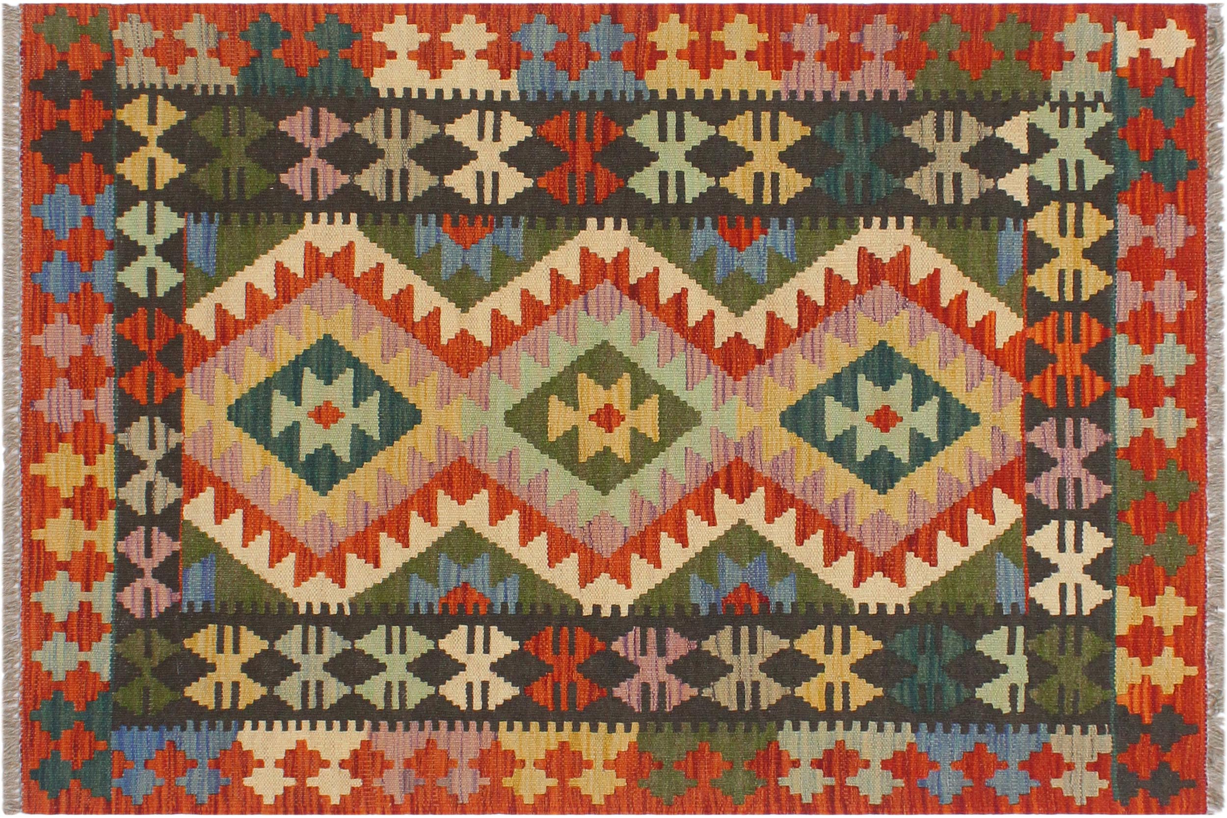handmade Geometric Kilim Rust Charcoal Hand-Woven RECTANGLE 100% WOOL area rug 3' x 4'