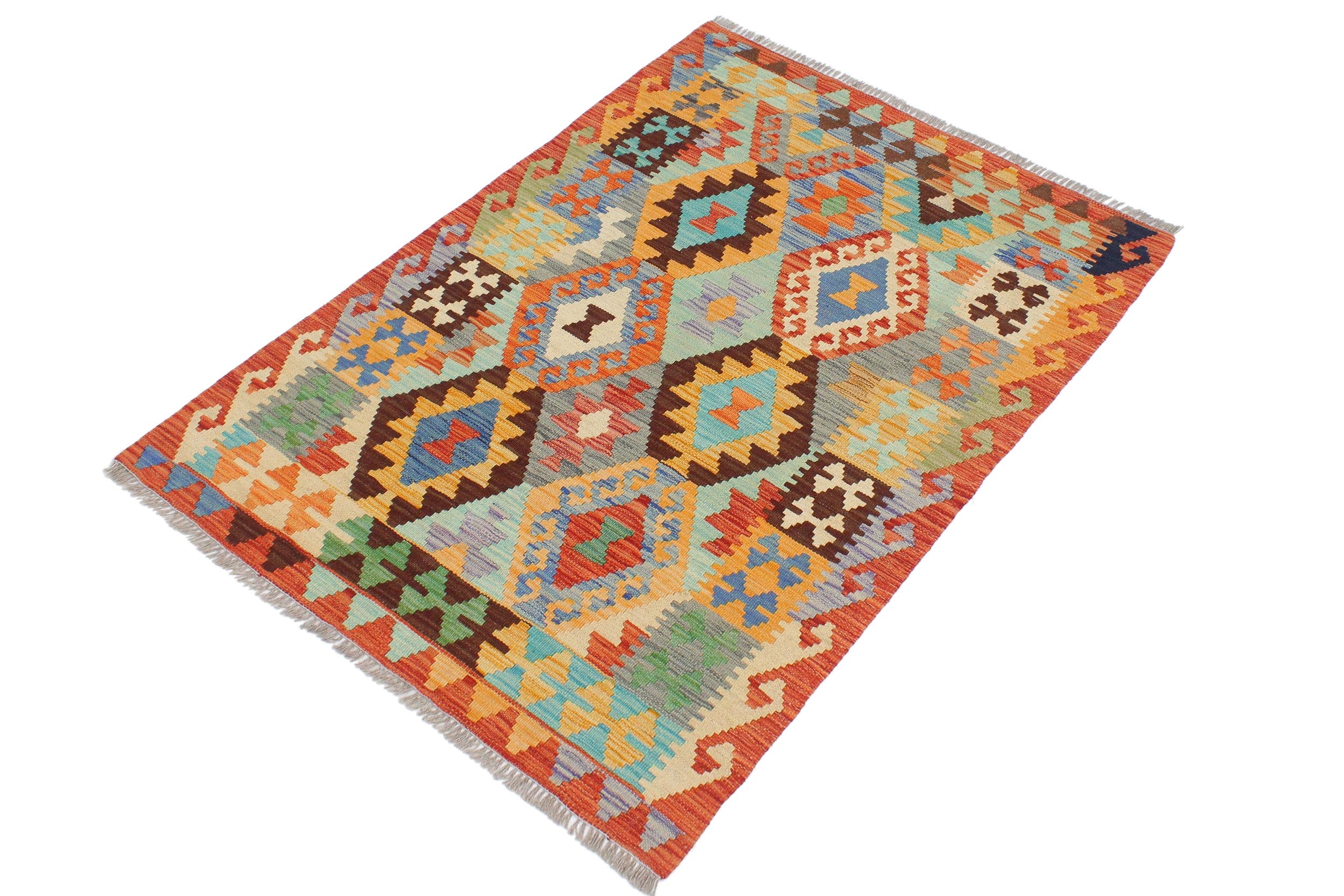 handmade Geometric Kilim Blue Rust Hand-Woven RECTANGLE 100% WOOL area rug 3 x 4