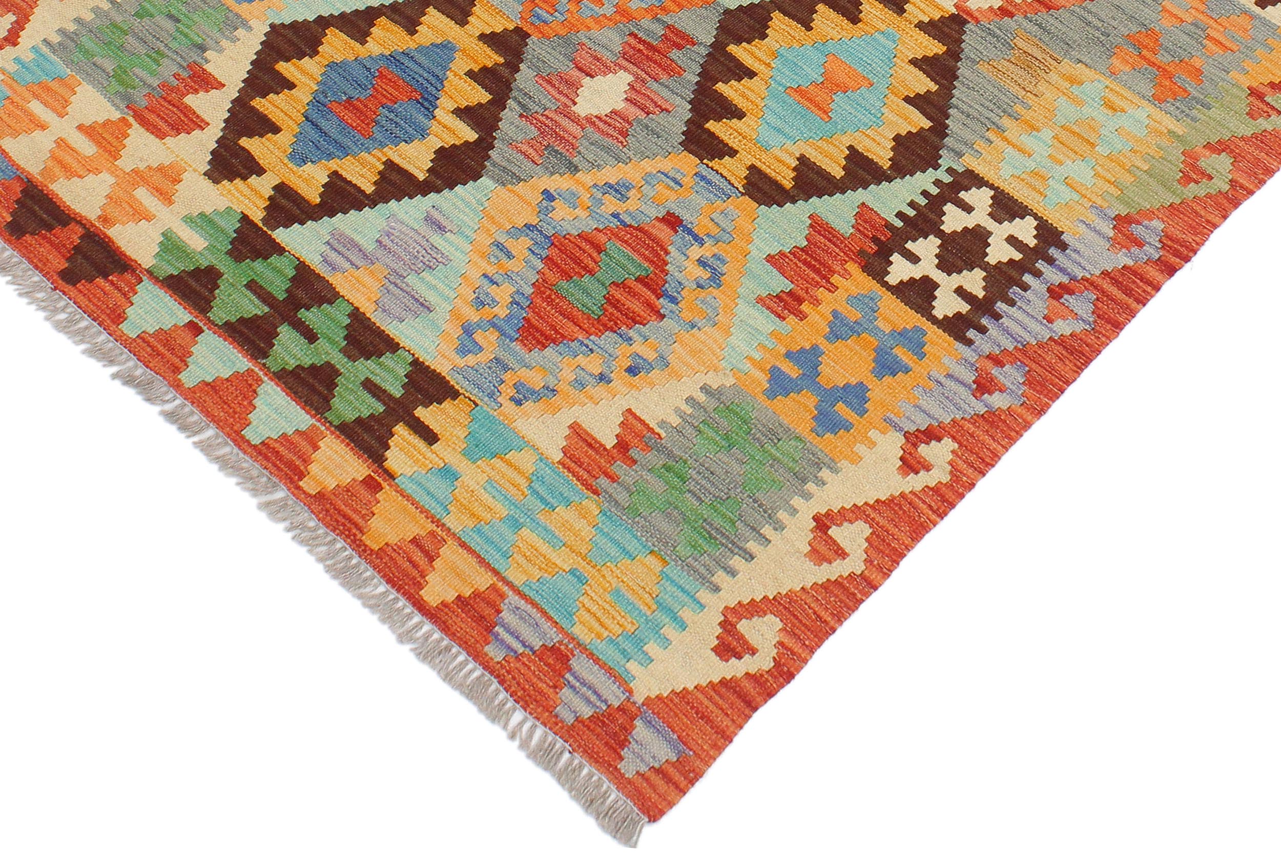 handmade Geometric Kilim Blue Rust Hand-Woven RECTANGLE 100% WOOL area rug 3 x 4