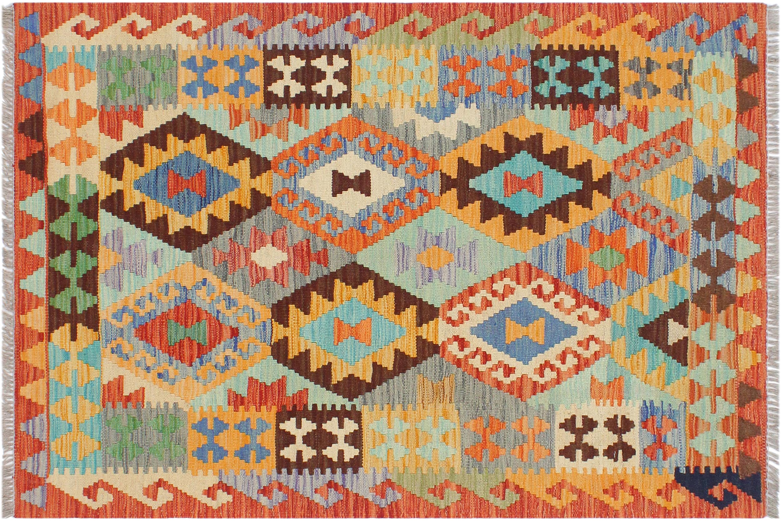 handmade Geometric Kilim Blue Rust Hand-Woven RECTANGLE 100% WOOL area rug 3 x 4