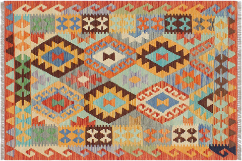 handmade Geometric Kilim Blue Rust Hand-Woven RECTANGLE 100% WOOL area rug 3 x 4