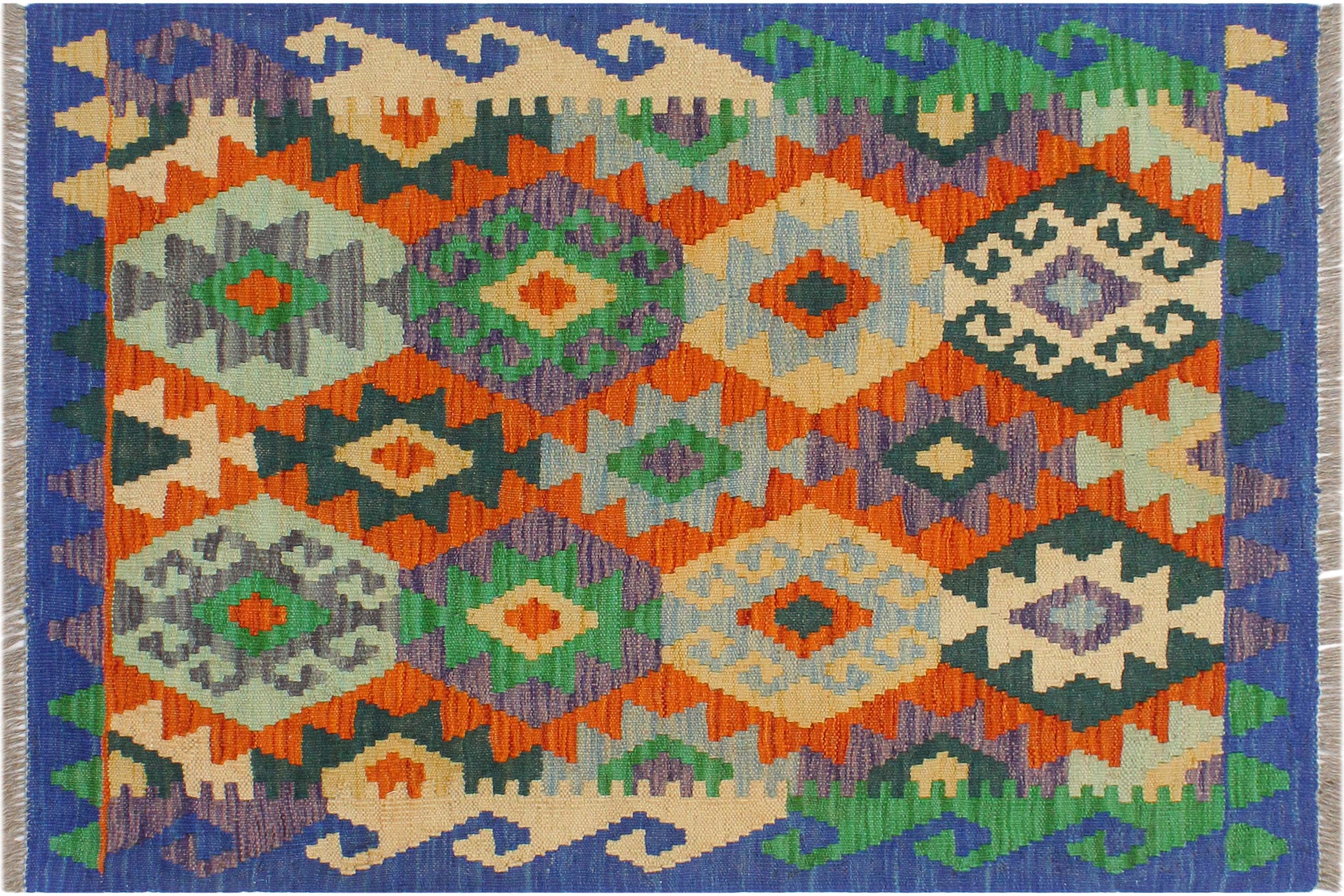 handmade Geometric Kilim Rust Blue Hand-Woven RECTANGLE 100% WOOL area rug 3 x 3