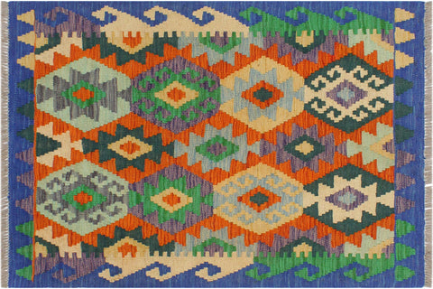 handmade Geometric Kilim Rust Blue Hand-Woven RECTANGLE 100% WOOL area rug 3 x 3
