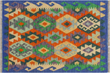 Flat Weave Kilim, Antique, Navaho, Vintage, Handmade, Geometric Kilim Rust Blue Hand-Woven Rectangle 100% Wool Area Rug 3 x 3