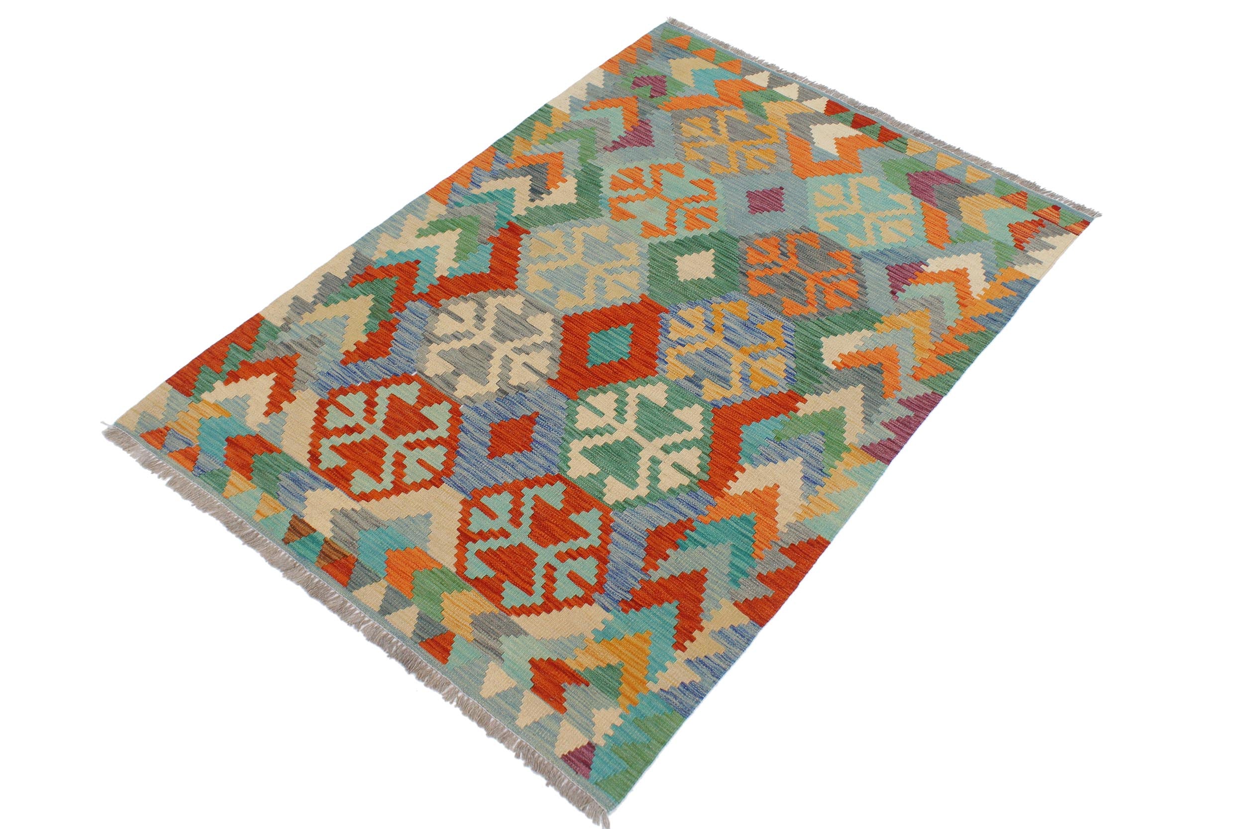 handmade Geometric Kilim Rust Blue Hand-Woven RECTANGLE 100% WOOL area rug 4 x 5