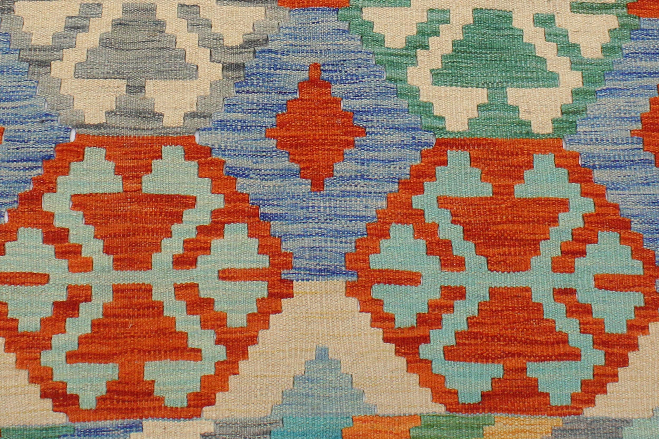 handmade Geometric Kilim Rust Blue Hand-Woven RECTANGLE 100% WOOL area rug 4 x 5