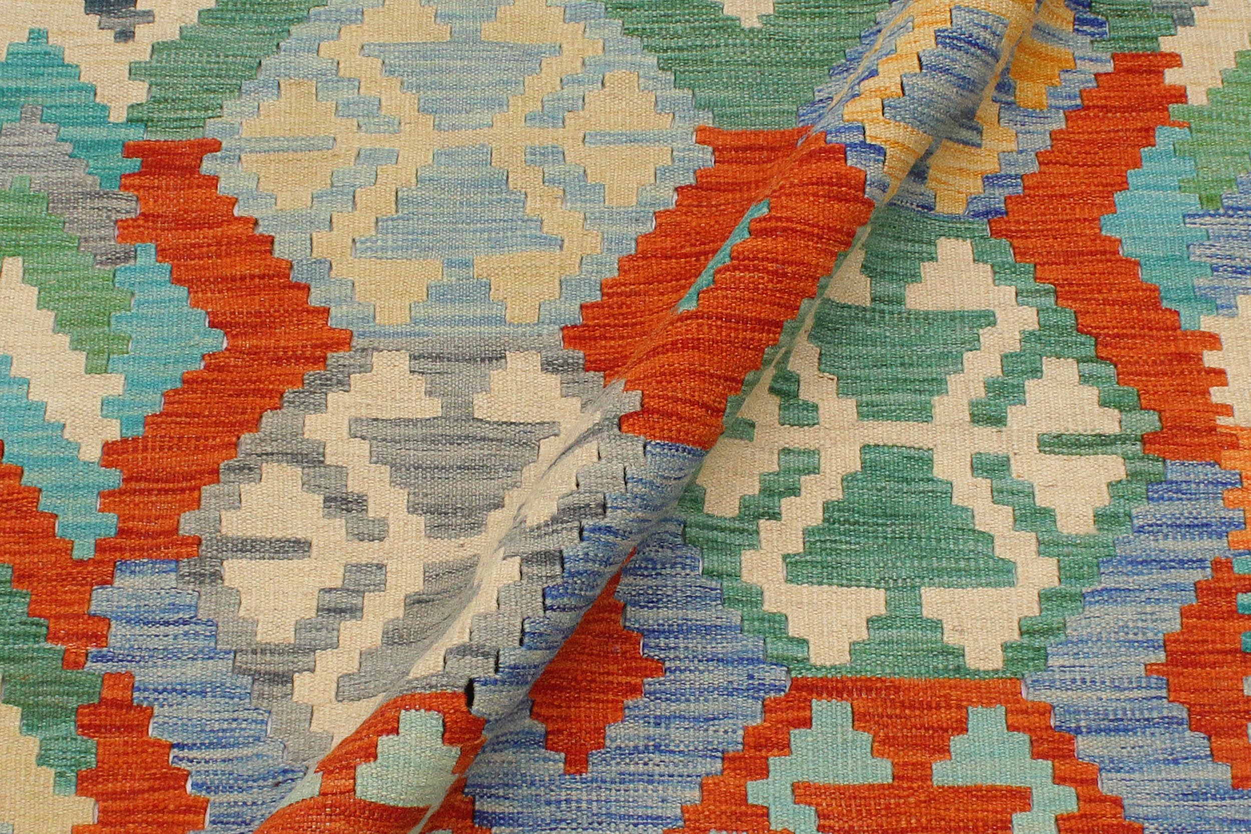 handmade Geometric Kilim Rust Blue Hand-Woven RECTANGLE 100% WOOL area rug 4 x 5