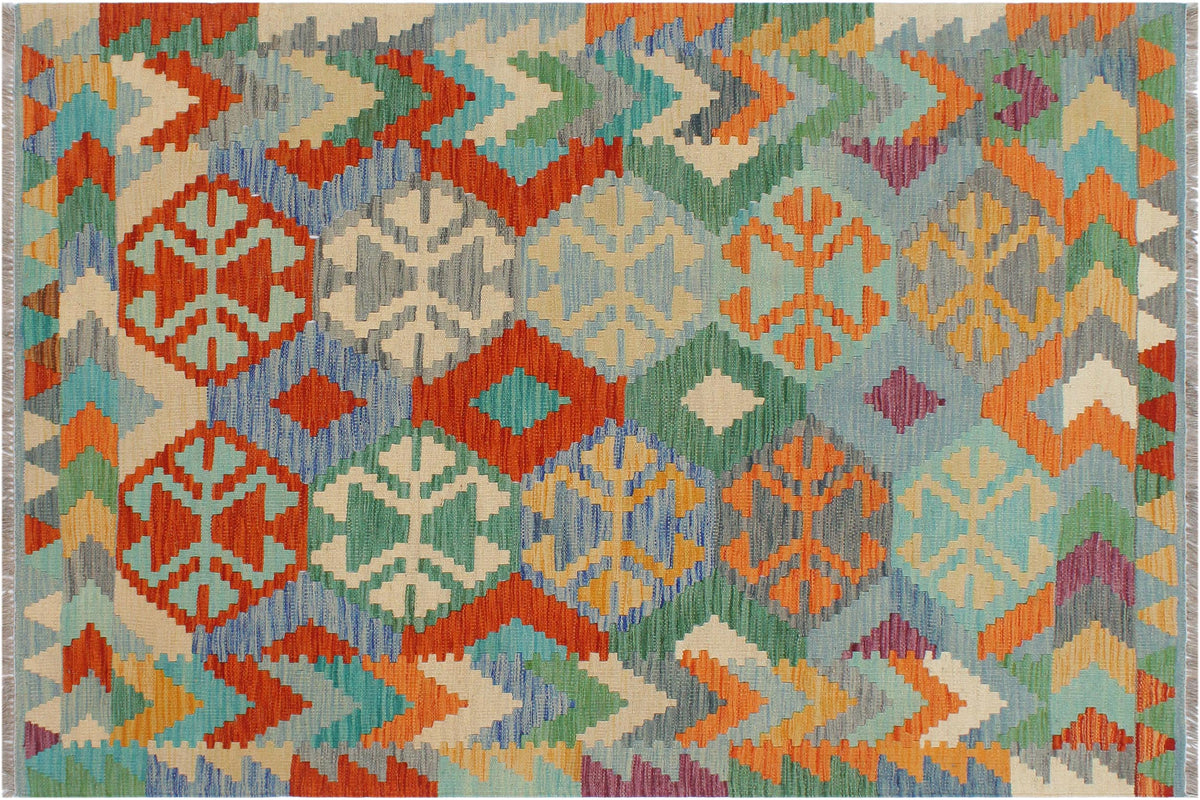handmade Geometric Kilim Rust Blue Hand-Woven RECTANGLE 100% WOOL area rug 4 x 5