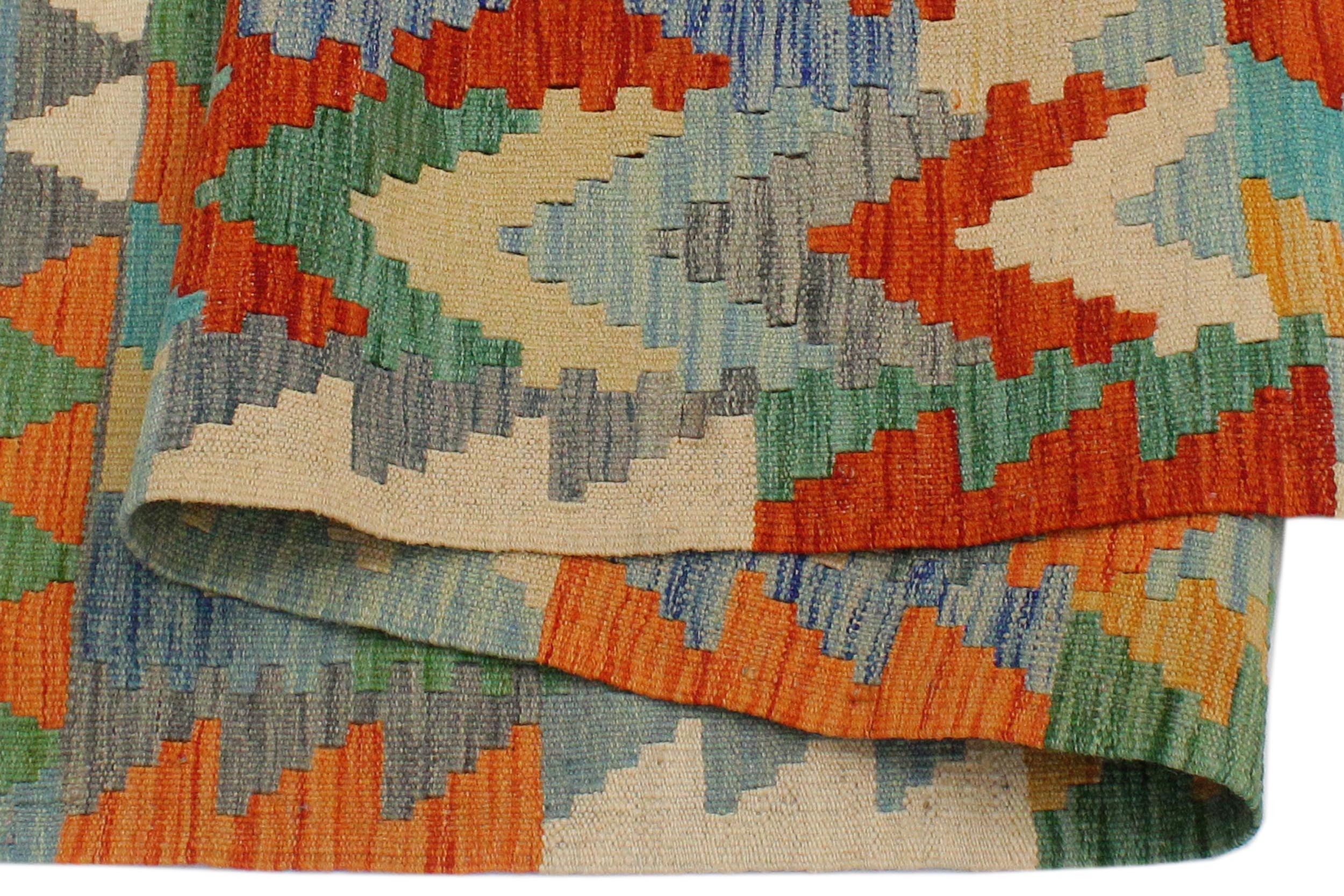 handmade Geometric Kilim Rust Blue Hand-Woven RECTANGLE 100% WOOL area rug 4 x 5