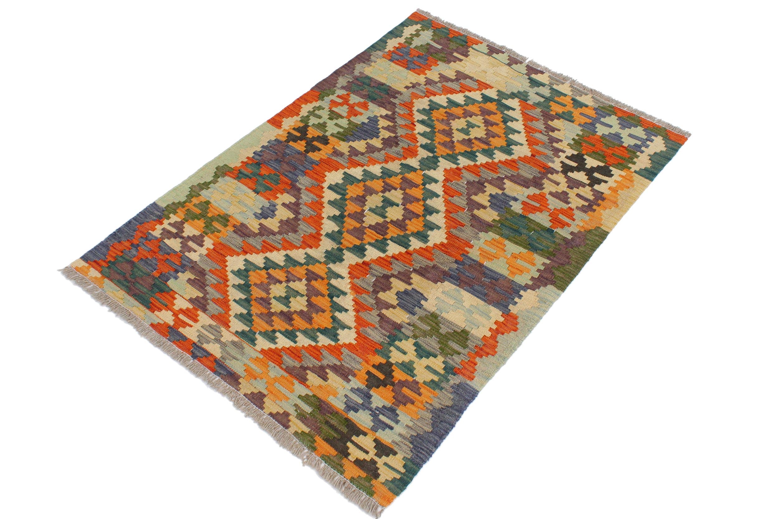 handmade Geometric Kilim Rust Blue Hand-Woven RECTANGLE 100% WOOL area rug 3' x 4'