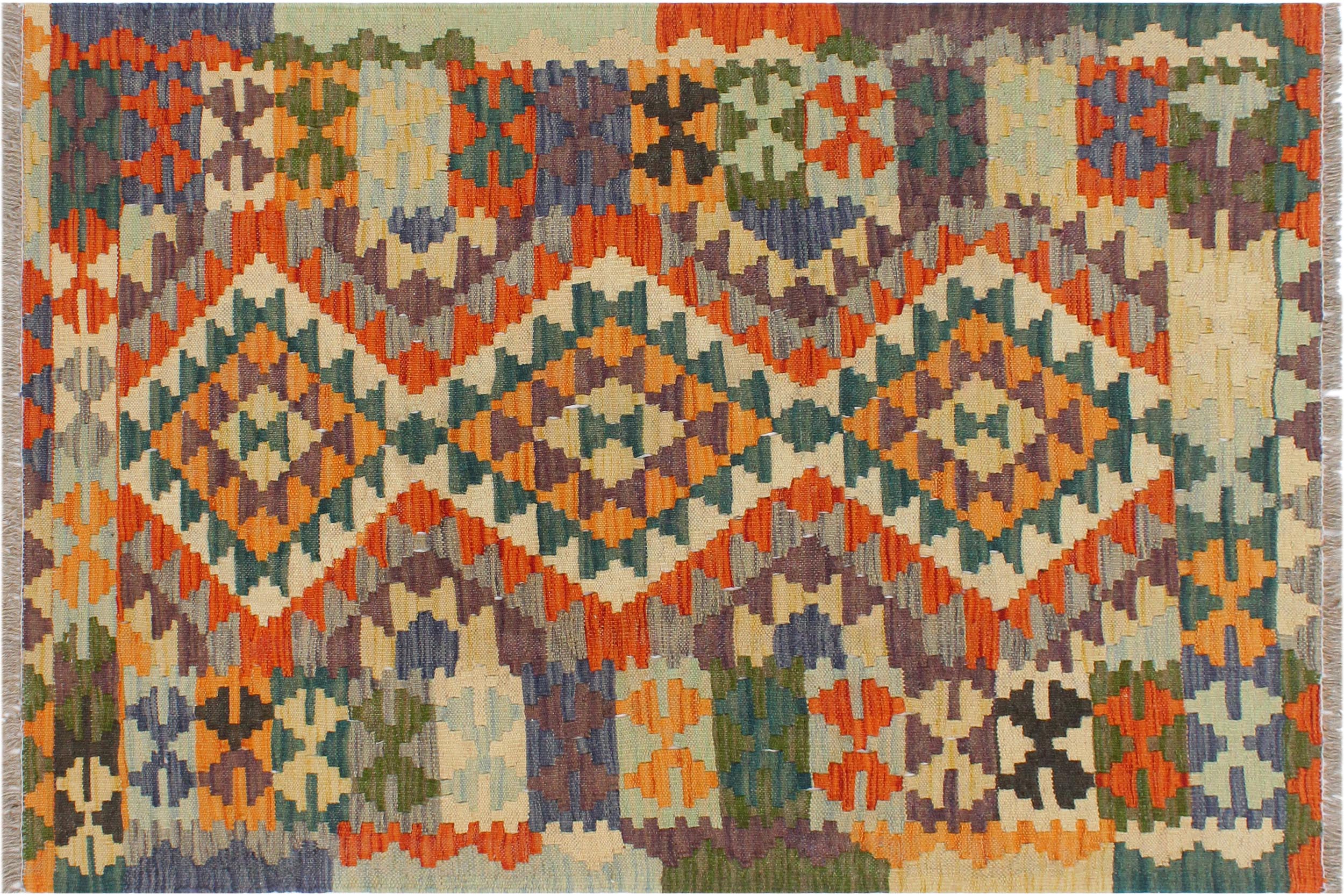 handmade Geometric Kilim Rust Blue Hand-Woven RECTANGLE 100% WOOL area rug 3' x 4'