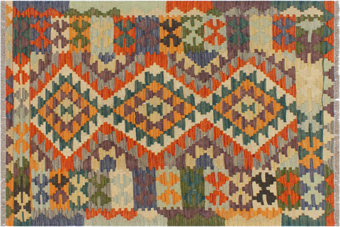 handmade Geometric Kilim Rust Blue Hand-Woven RECTANGLE 100% WOOL area rug 3' x 4'