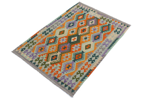 handmade Geometric Kilim Rust Blue Hand-Woven RECTANGLE 100% WOOL area rug 4 x 5