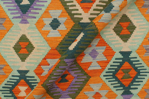 handmade Geometric Kilim Rust Blue Hand-Woven RECTANGLE 100% WOOL area rug 4 x 5
