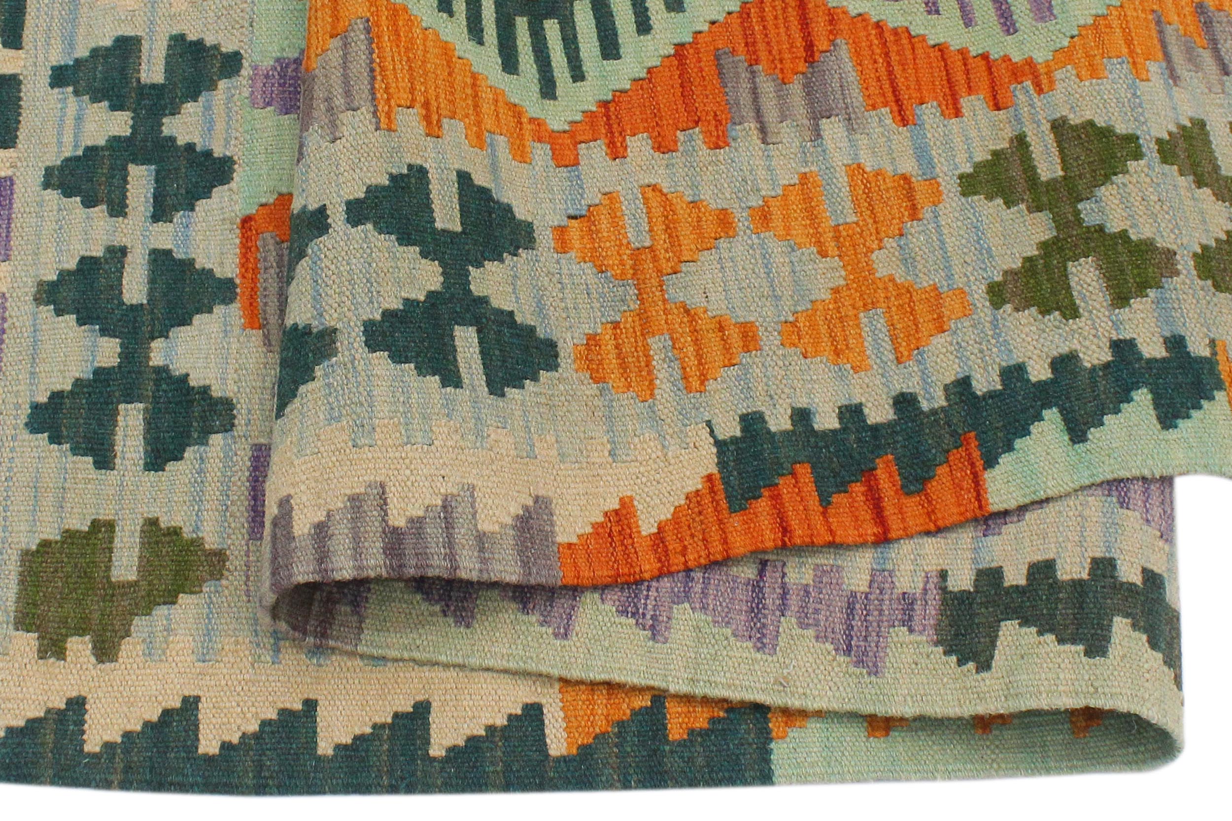 handmade Geometric Kilim Rust Blue Hand-Woven RECTANGLE 100% WOOL area rug 4 x 5