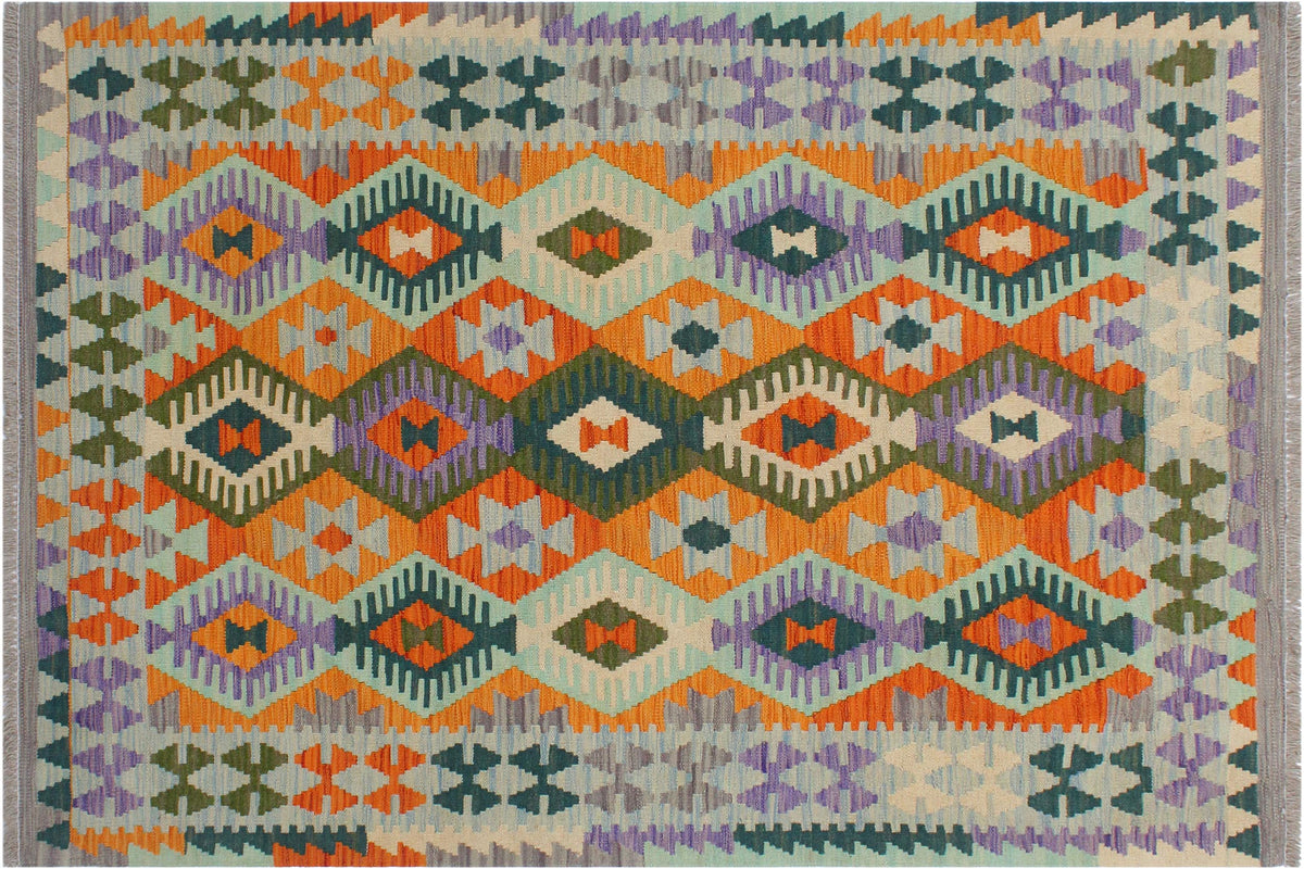 handmade Geometric Kilim Rust Blue Hand-Woven RECTANGLE 100% WOOL area rug 4 x 5