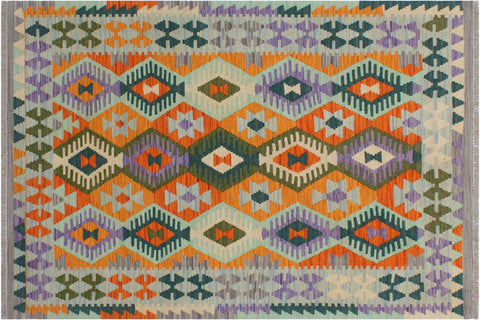 handmade Geometric Kilim Rust Blue Hand-Woven RECTANGLE 100% WOOL area rug 4 x 5
